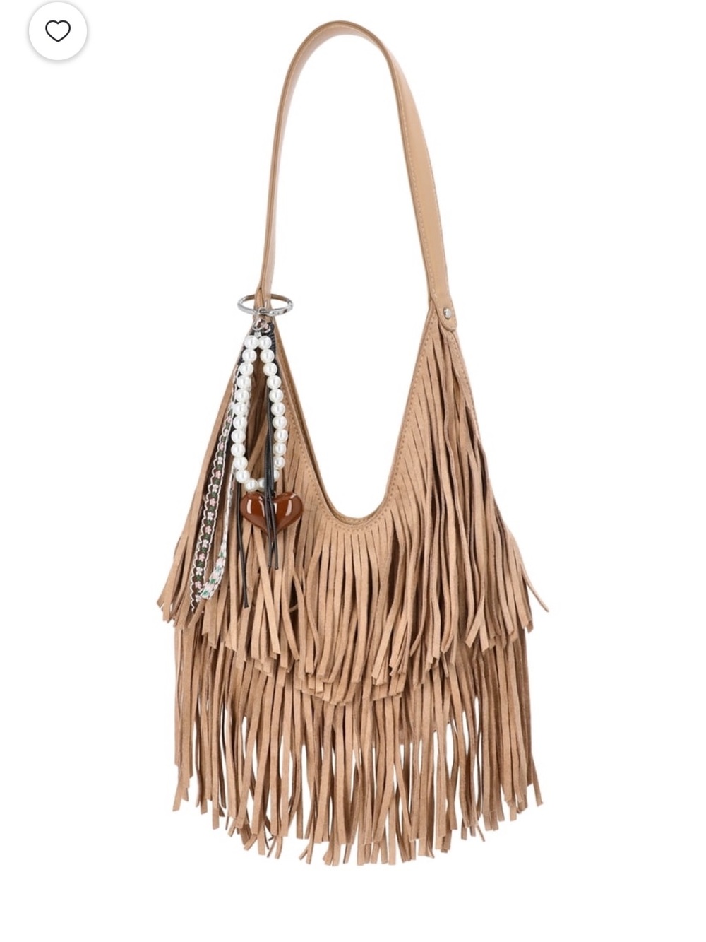 Tan Fringed Shoulder Bag with Charm Detail